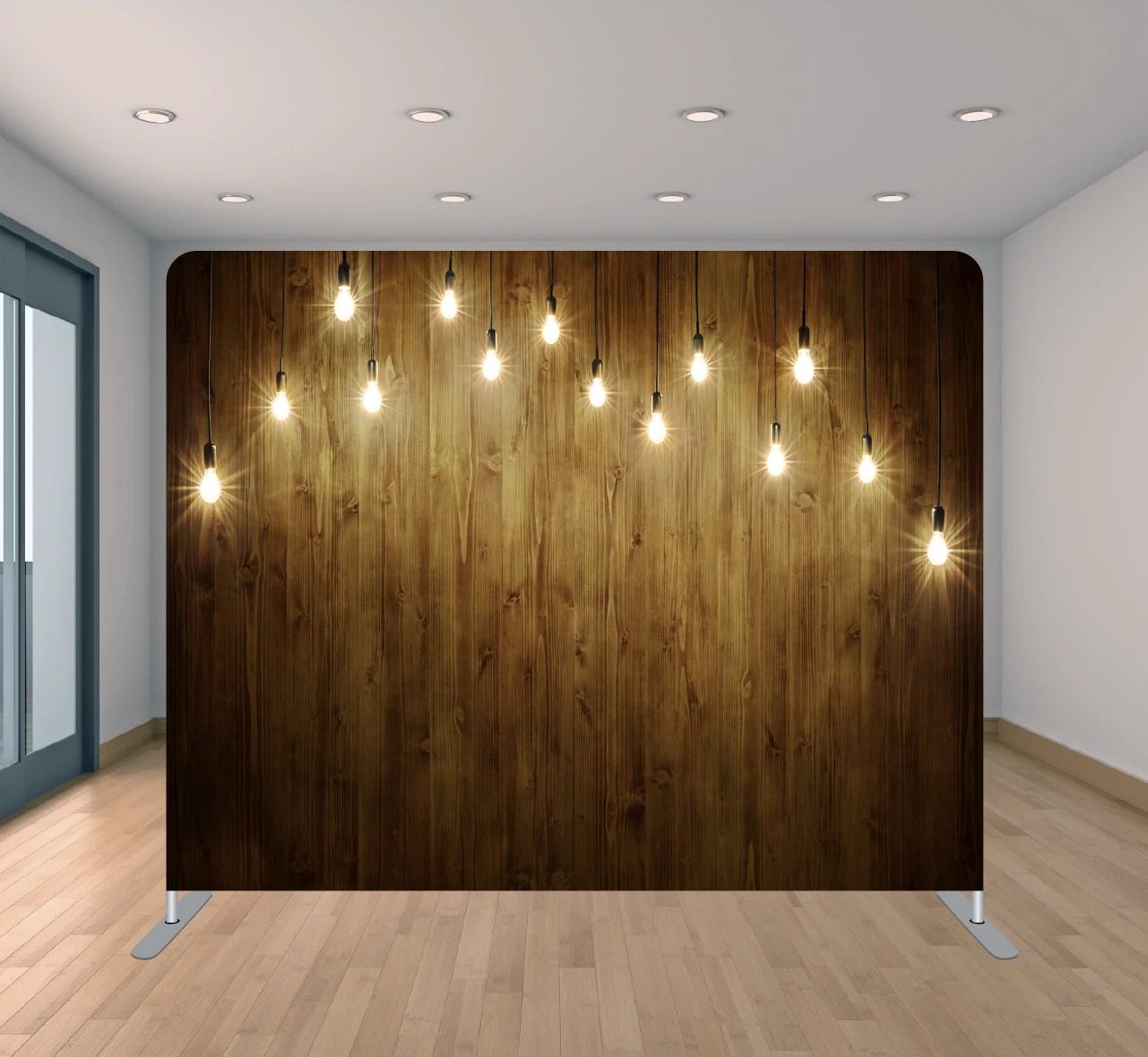 Wood & String Lights photo booth backdrop